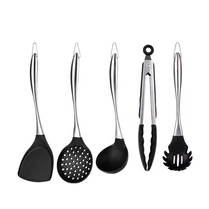 JEETEE Stock Kitchen utensils Cooking tools Heat Resistant Silicone with Stainless Steel handle set Slotted Turner Spatula Spoon