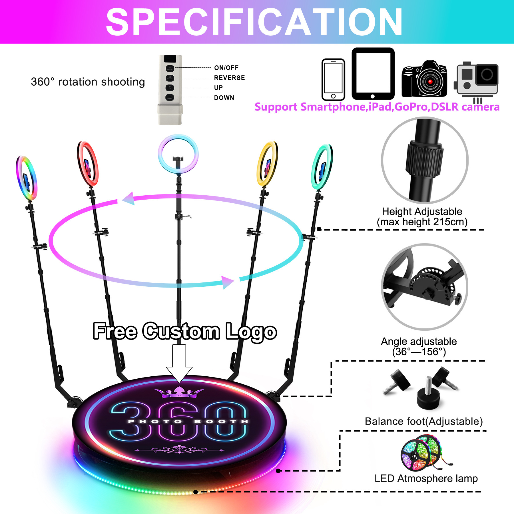 Party Supplies Video Photobooth Automatic Rotating Led Platform 360 Photo Booth Machine Camera Photo Booth 360