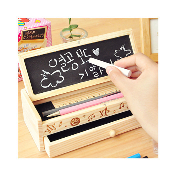 Wood Pencil Box Unpainted two layer Rectangle DIY Artist Tool Brush Storage Box Case with With drawers and a small blackboard