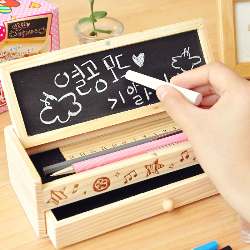 Wood Pencil Box Unpainted two layer Rectangle DIY Artist Tool Brush Storage Box Case with With drawers and a small blackboard