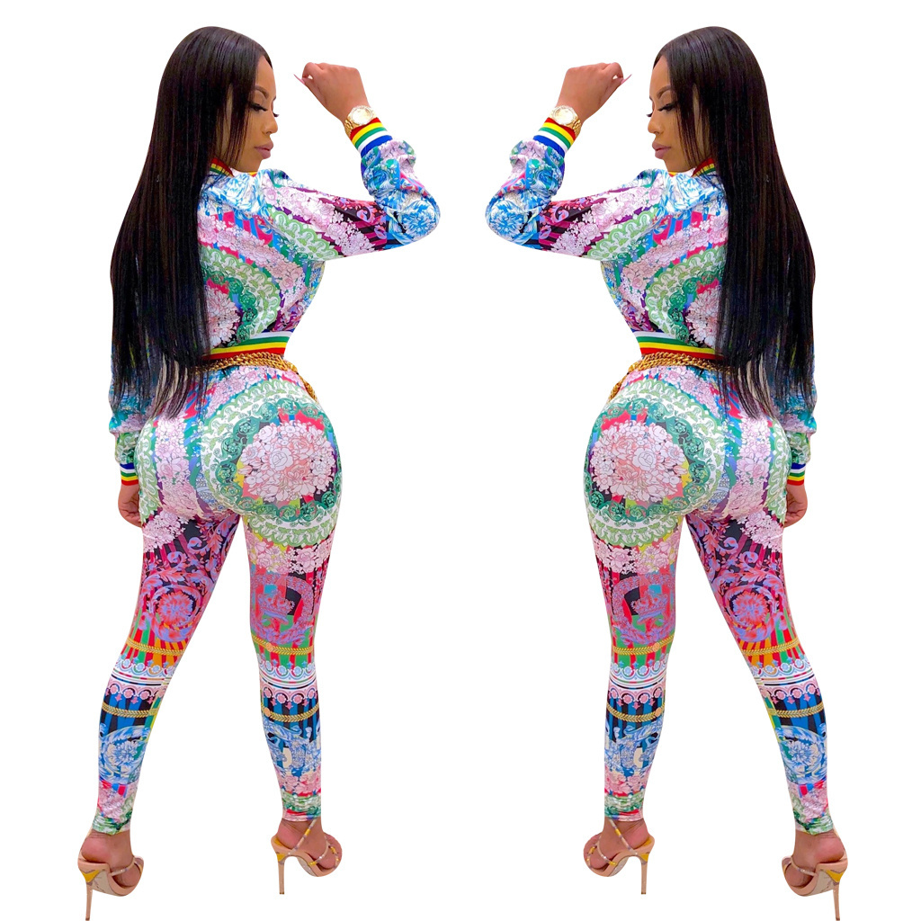 2019 hot selling night club wear floral pattern two piece set sexy women clothing