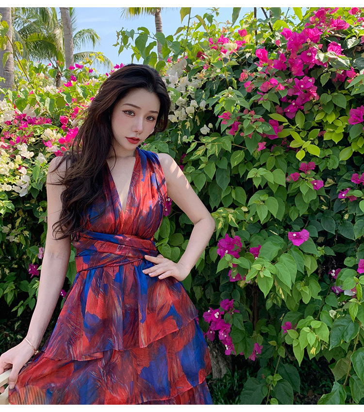 Popular Print Floral Sleeveless Stylish Beach Dresses Women Summer Sexy Ruffles Party Wear Dress Thailand