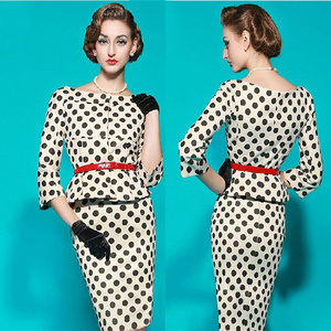 Autumn New Fashion Women Slim Cotton blended Party Office OL Polka Dot Dress White A904