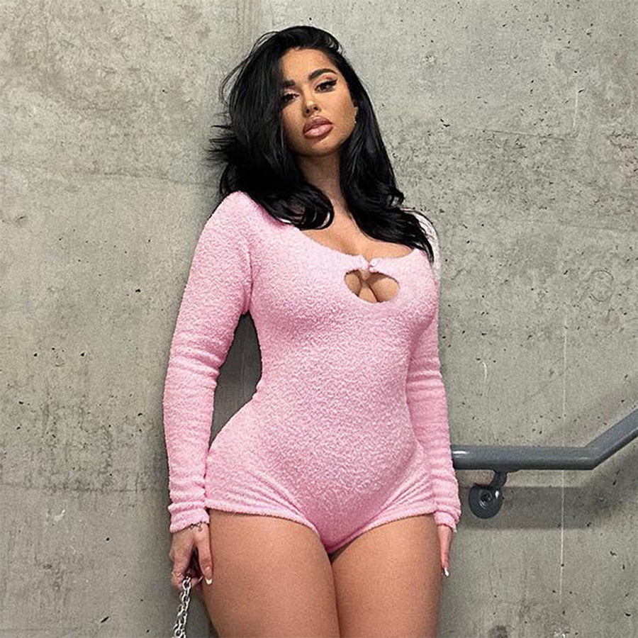 Modest One Piece Velour Athletic Pink Bodycon  Romper Jumpsuit with Long Sleeve Cut Out Y2K Street Wear