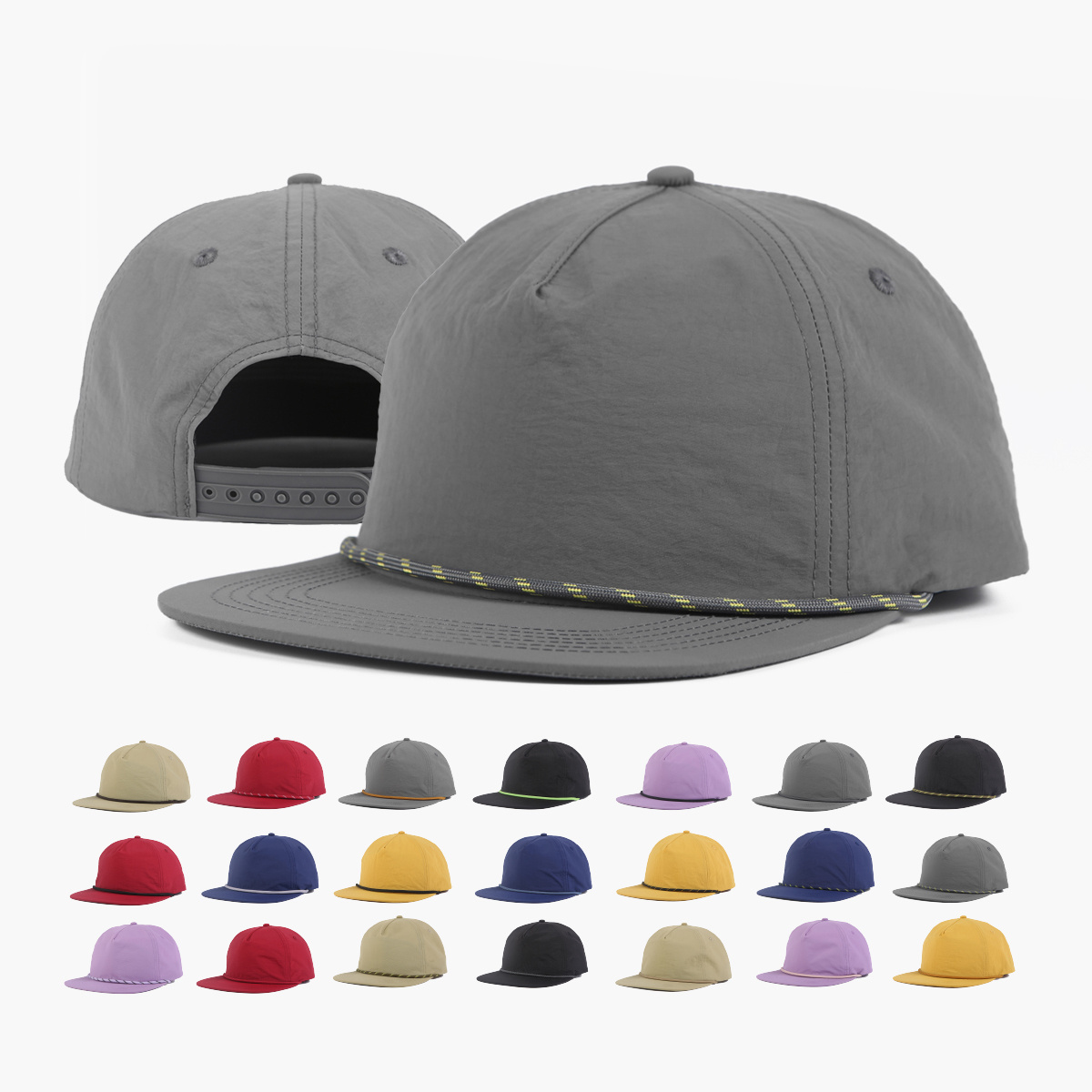 Wholesale Custom Logo Water Proof 5 Panel Camper Hat with Rope Hat Nylon Snapback Cap