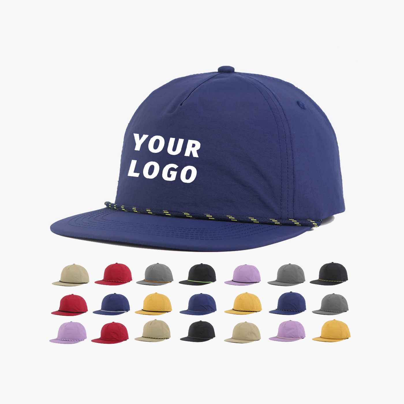 Wholesale Custom Logo Water Proof 5 Panel Camper Hat with Rope Hat Nylon Snapback Cap