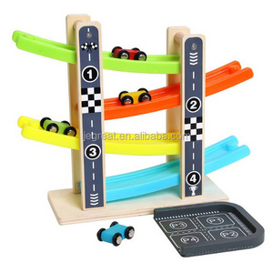 Wooden Race Car Ramp Set 4 Lanes Race Track for Toddlers children kids