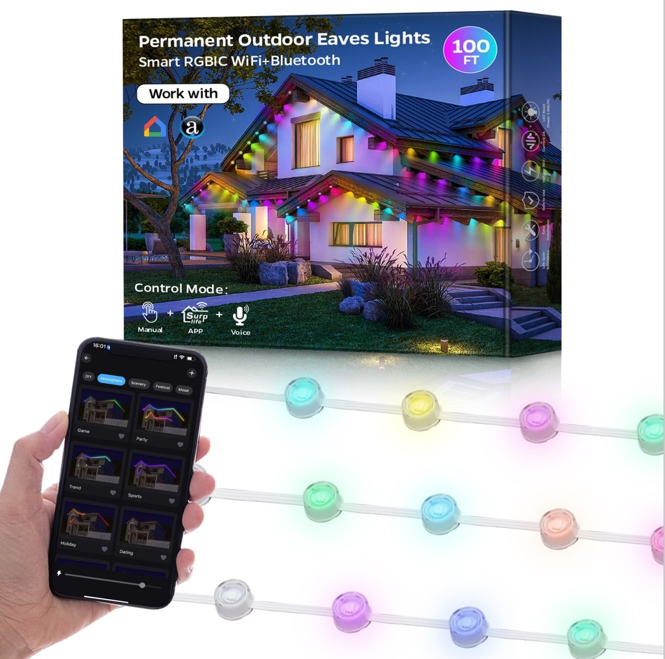 Hot Sale Christmas Lights IP67 Waterproof RGBIC LED Outdoor Eaves Light String WiFi App Controlled Holiday Garden Point Lights