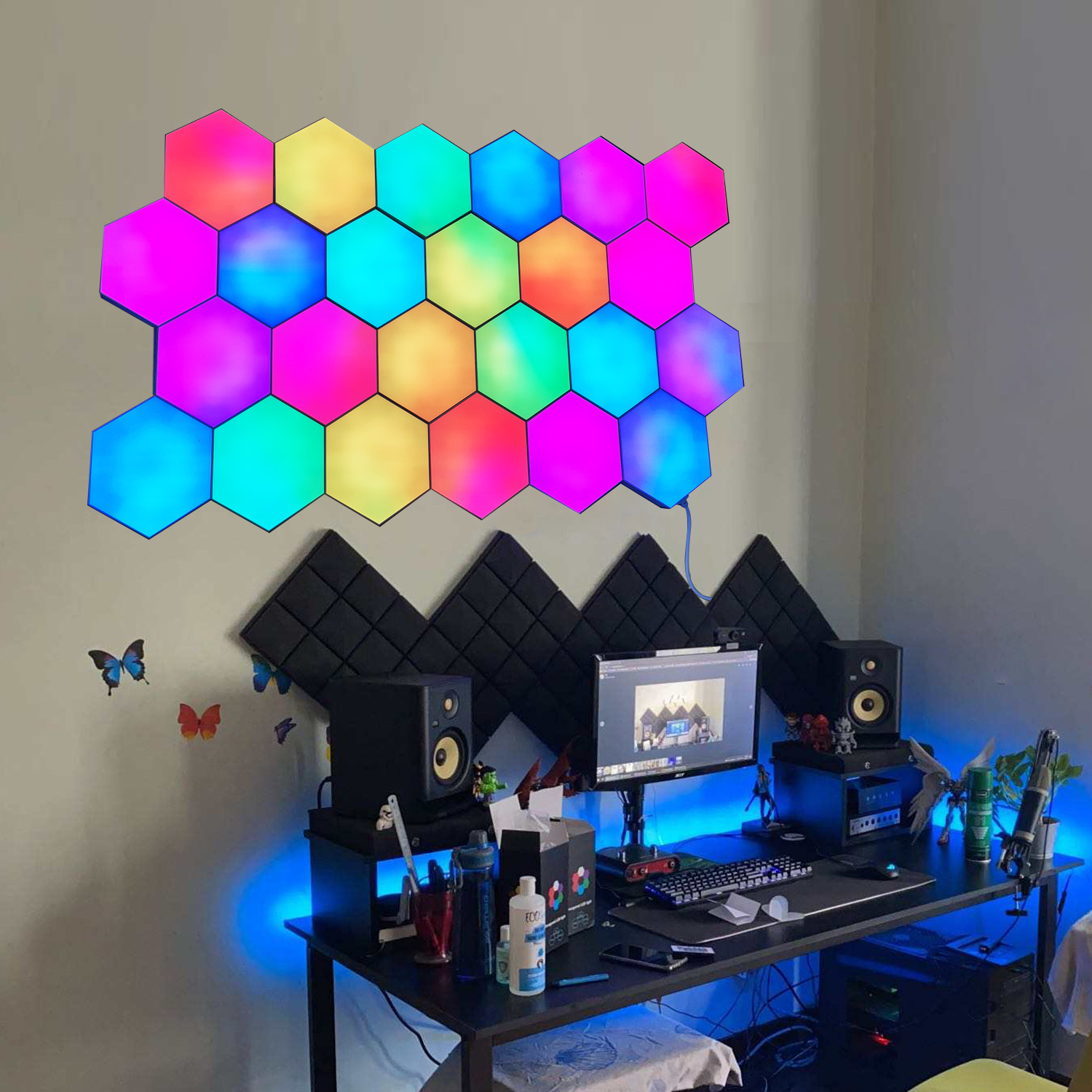 RGB Quantum Light Smart Hexagon Lights Led Hexagonal Modular Lighting Remote +App Controlled +Switch Button 3 in 1 model JE-Q07