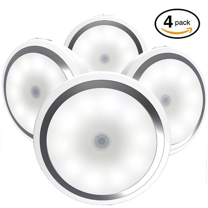 Pack of 4 Cordless Battery-Powered Motion Activated LED Night Light, Stick anywhere Closet Light Stair Lights, Puck Lights