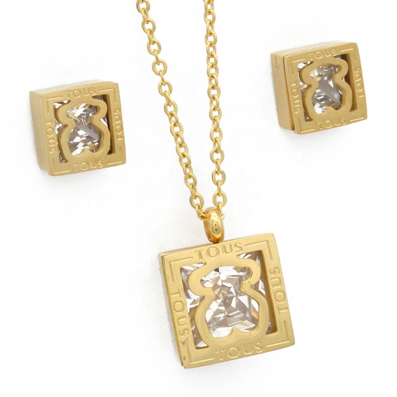 Fashion Stainless Steel Gold Bear Design Gemstone Jewellery Cubic Zirconia Jewellery Set