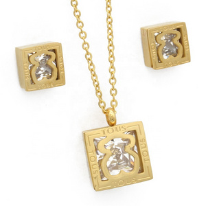 Fashion Stainless Steel Gold Bear Design Gemstone Jewellery Cubic Zirconia Jewellery Set