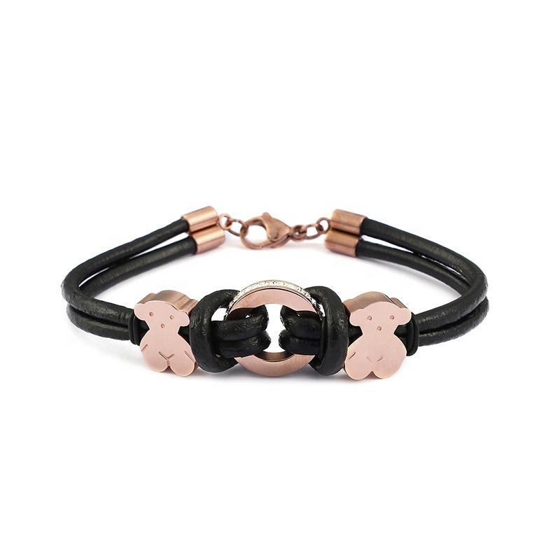 Hot Sale Personalized Bear Crystal Gold Charms Cheap Black Leather Cord Bracelet