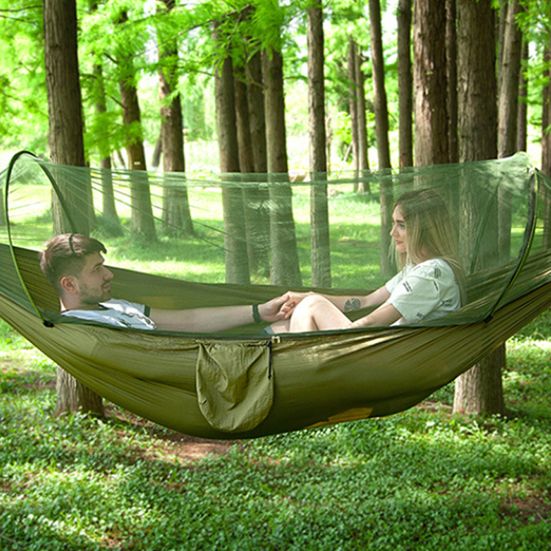 210T Lightweight Double Camping Hammock Swings & Mosquito Nets With 2 Tree Straps Fully Automatic Quick Opening Hammocks