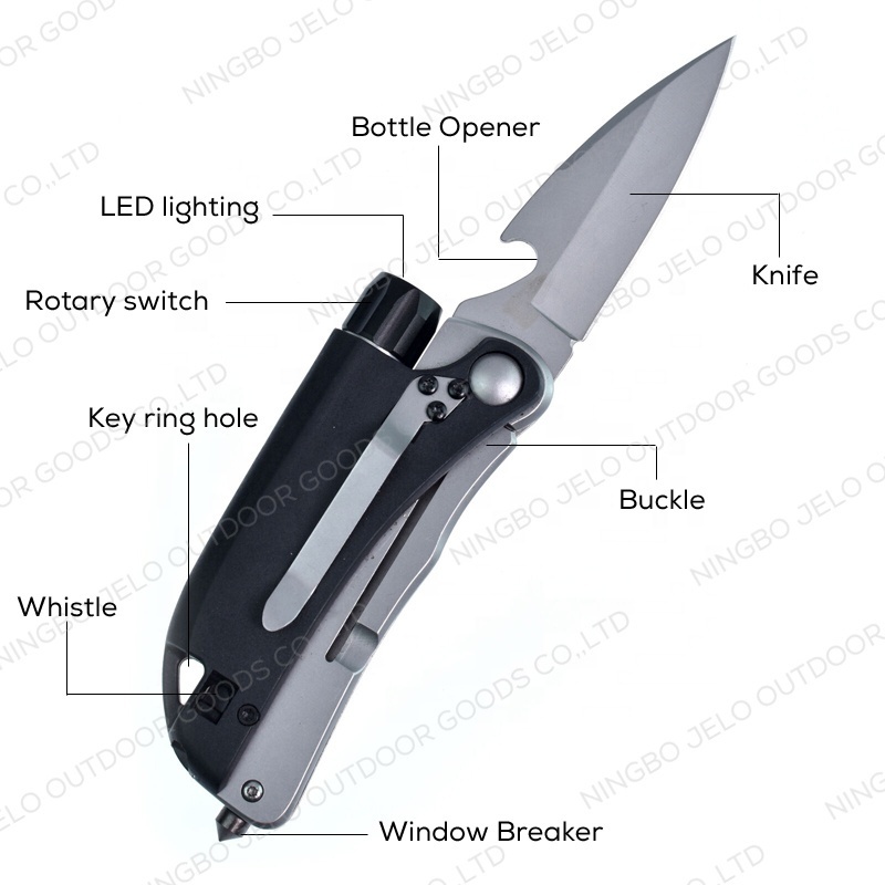 New 8 in 1 Tactical knife survival hunting pocket Outdoor folding multitool LED Flashlight Bottle opener Whistle window breaker