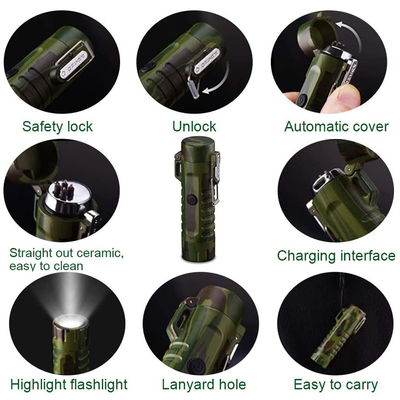 Portable Outdoor LED Flashlight Electric Dual Arc Lighter Waterproof USB Rechargeable Plasma Windproof Other Camping equipment