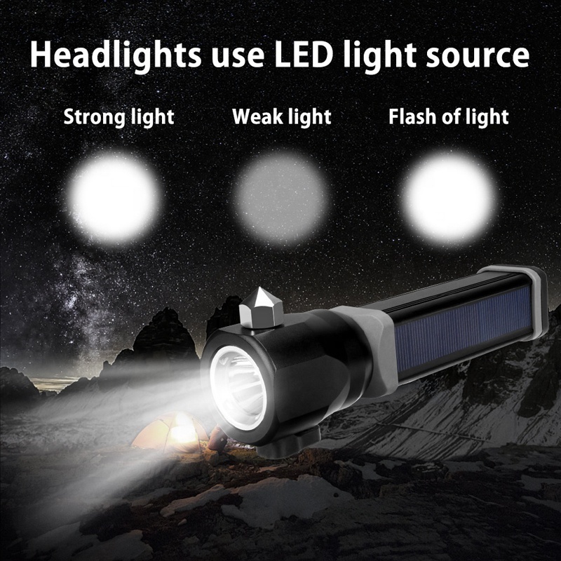 High Power solar torch light USB Rechargeable LED flashlight outdoor powerbank Seatbelt Cutter Safety life hammer other Camping