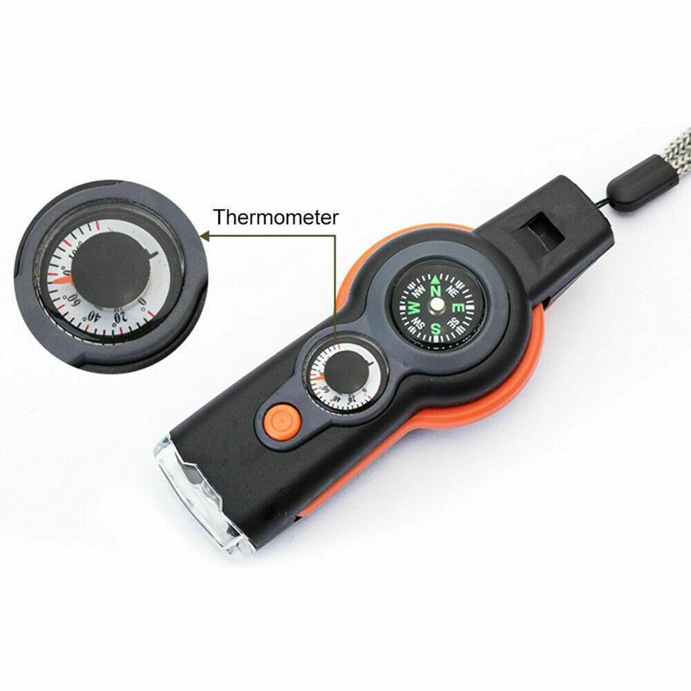 Multi Functions 7 in 1 survival whistle LED Torch Compass Thermograph Magnifying Glass Reflector Glass Lifesaving