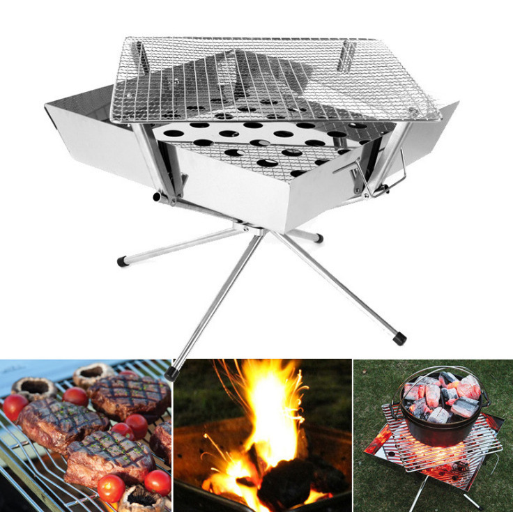 Foldable Stainless Steel Wood Burning Camping equipment Tabletop Charcoal Fire Pit Grill