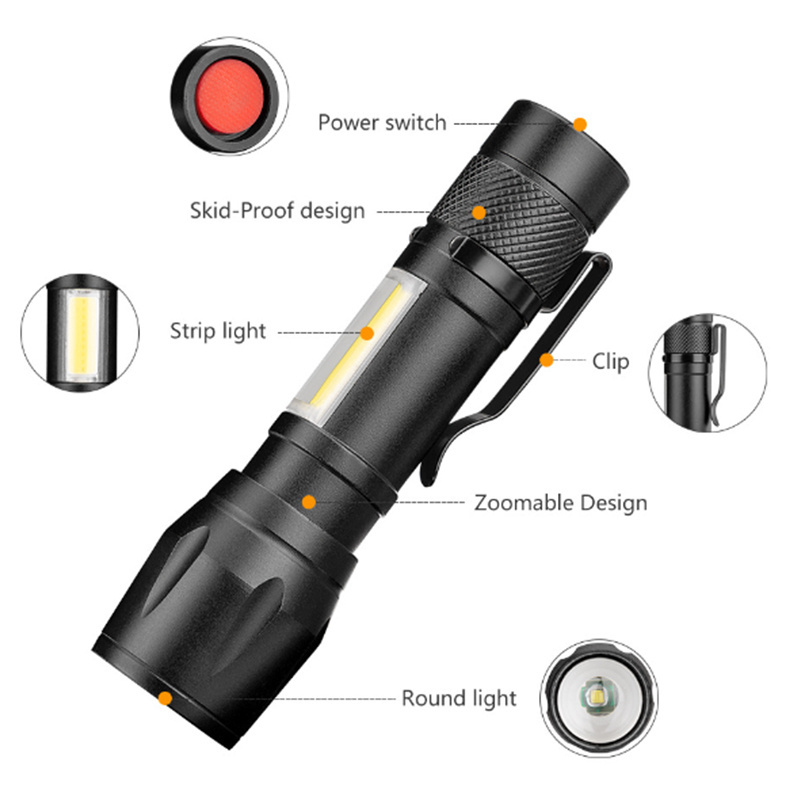 High Power Pocket 2 IN 1 LED Flashlight Zoom tactical Mini size telescopic portable Torch with pen clip outdoor camping