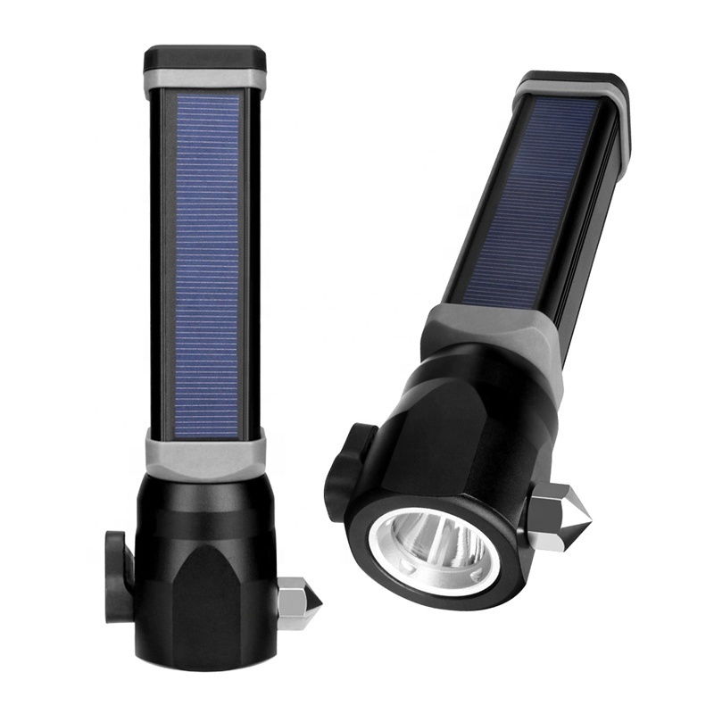 High Power solar torch light USB Rechargeable LED flashlight outdoor powerbank Seatbelt Cutter Safety life hammer other Camping