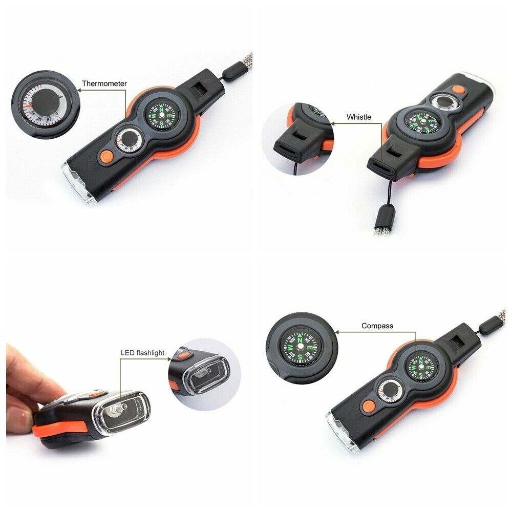 Multi Functions 7 in 1 survival whistle LED Torch Compass Thermograph Magnifying Glass Reflector Glass Lifesaving