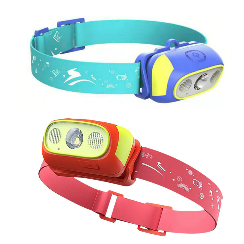 Lightweight LED headlight USB Rechargeable Kids Colorful Headlamp Camping Gear safety comfort emergency red LED head Torch Light