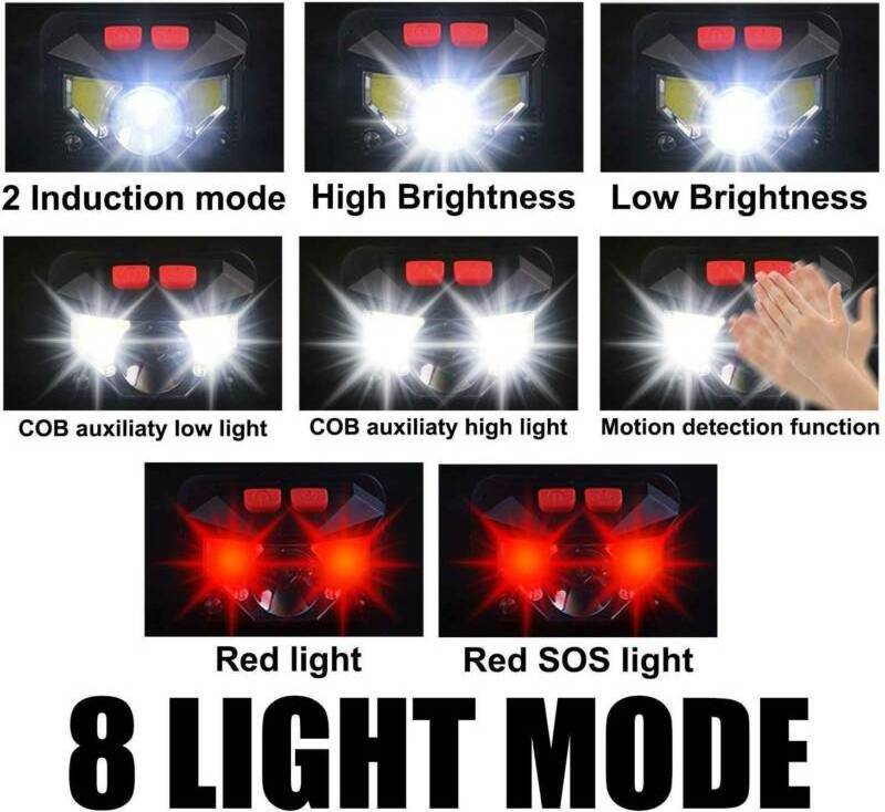 Motion Sensor LED Headlamp 8 Modes USB Rechargeable red light running night led headlamp Adventuridge equipment