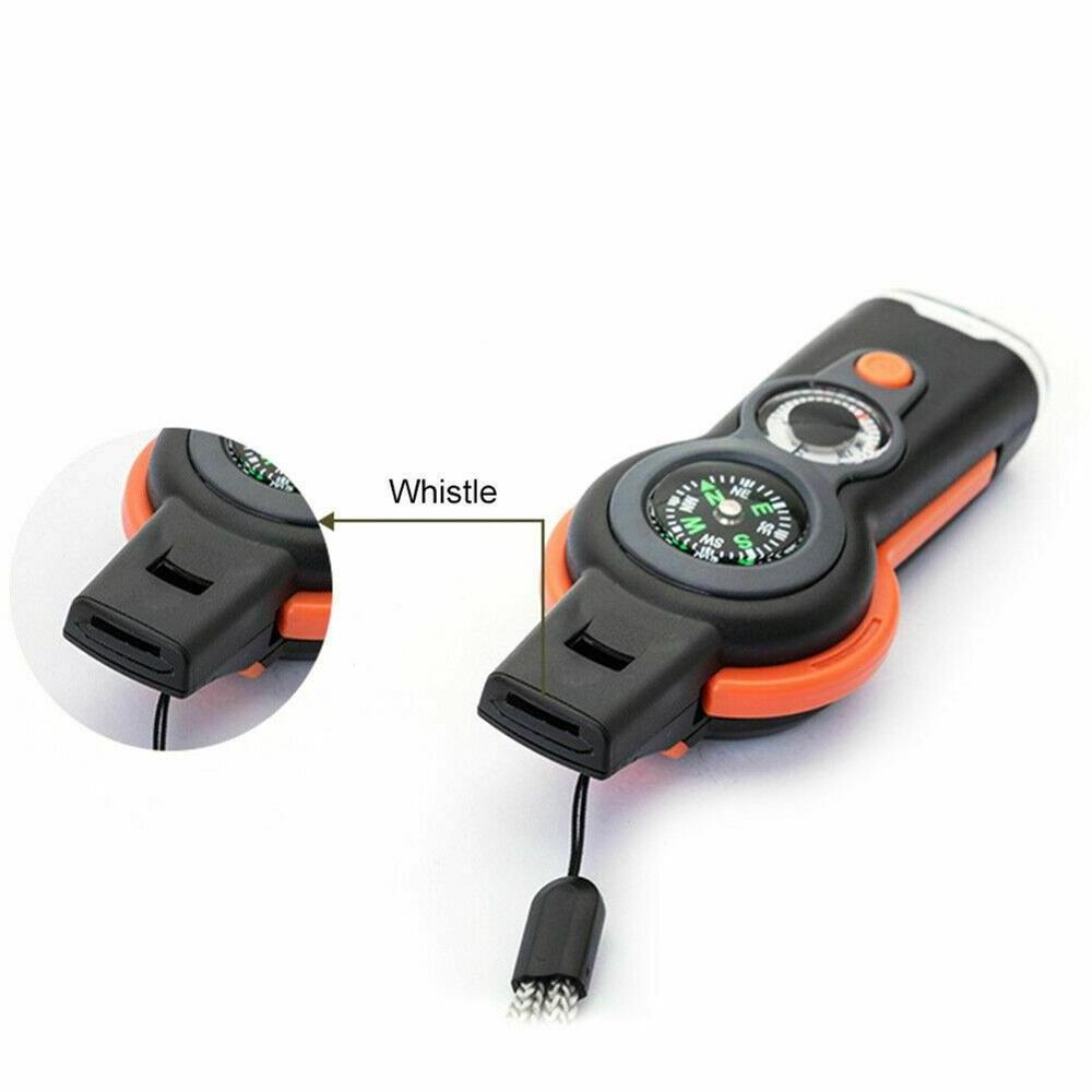 Multi Functions 7 in 1 survival whistle LED Torch Compass Thermograph Magnifying Glass Reflector Glass Lifesaving