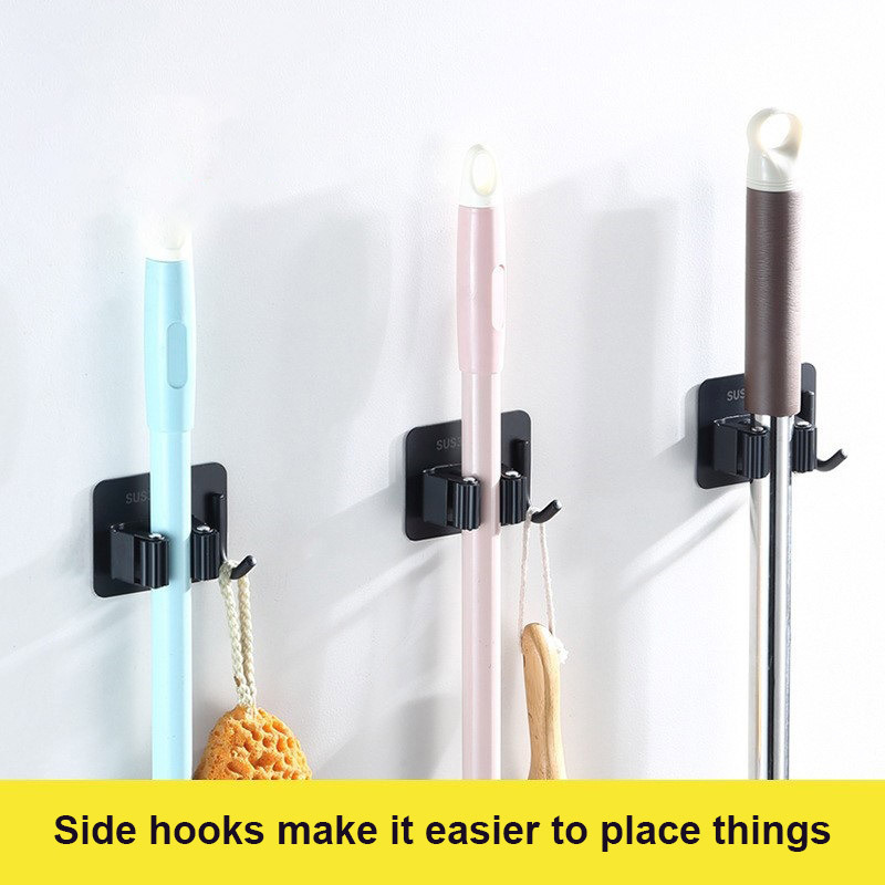 New 304 stainless steel mop broom clip holder toilet no punching wall mounted black hanging hook mop holder with hook