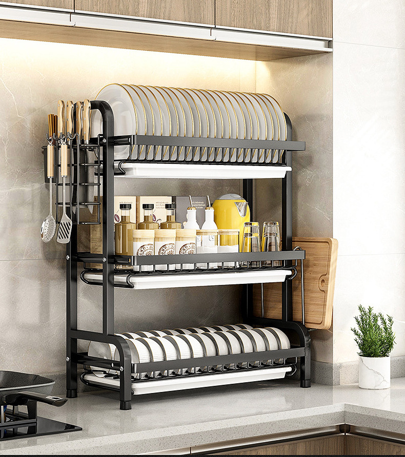 Stainless Steel Metal Hot sale storage 3 tier kitchen counter holders sink organization over the sink dish drying drainer rack