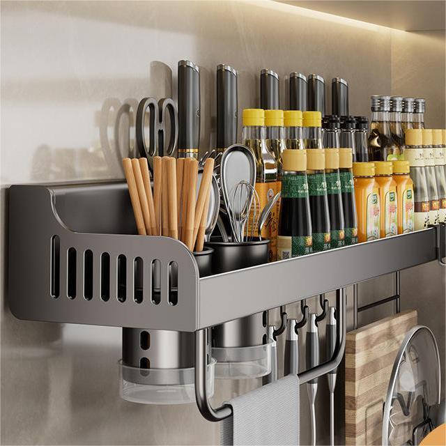 Factory Wholesale multifunctional Stainless Steel spice shelf wall mounted knife holder tool storage pot cover racks shelving