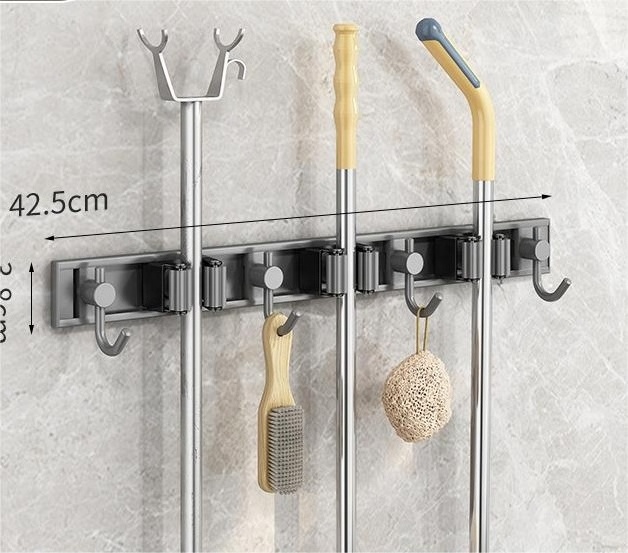 Factory direct 304 Stainless Steel Metal Mop hanger rack Strong adhesive Wall Mounted Storage Mop Holder Broom hook