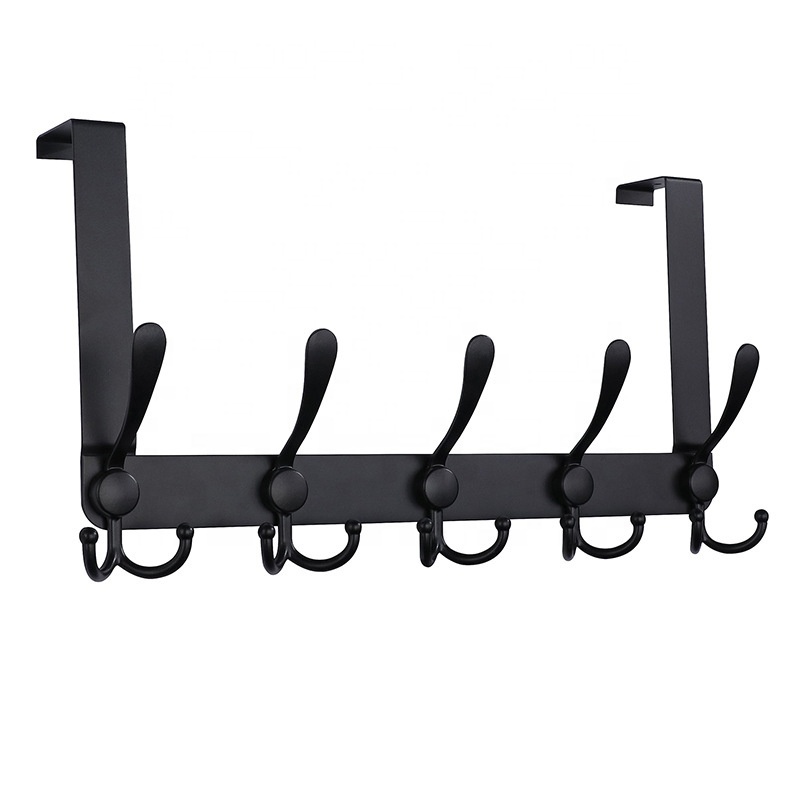 Over The Door Hooks Hanging Clothes Hat Towel Coat Hanger 5 Hooks Novelty Behind Back of Bathroom Door Metal Black Towel Rack