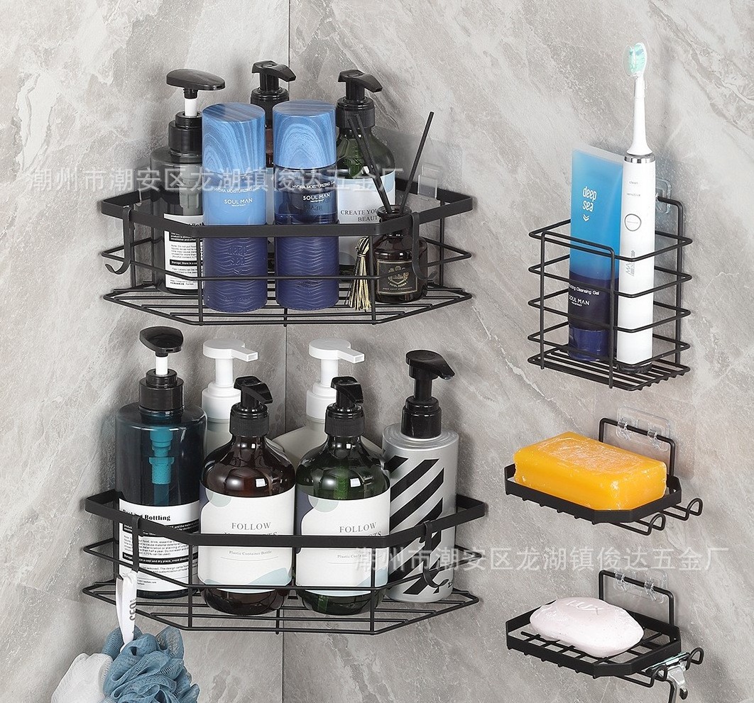 Wall mounted shower caddy adhesive shampoo stand towel storage bathroom corner toilet rack no drilling organizer