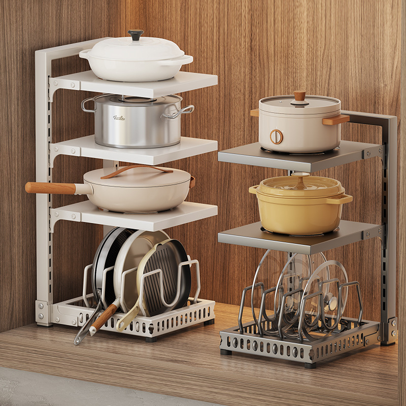 Kitchen Counter and Cabinet Organization Storage Rack Multi Tiers Pot Pan Shelf Organizer for Cabinet Adjustable