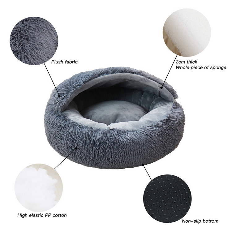 Customized Calming Dog Bed Cover Semi-Enclosed Soft Warm Round Dog & Cat Cave Bed with Hooded Cover