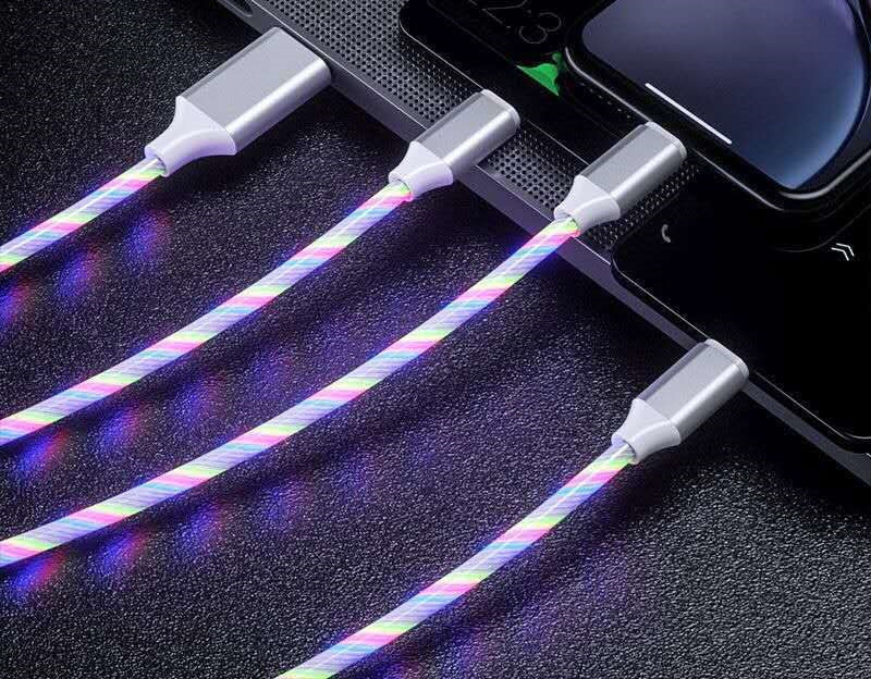 1.1m 3in1 LED flowing light charging light up 3 in 1 cable light up charging usb cable for iphone / type c /micro led cable