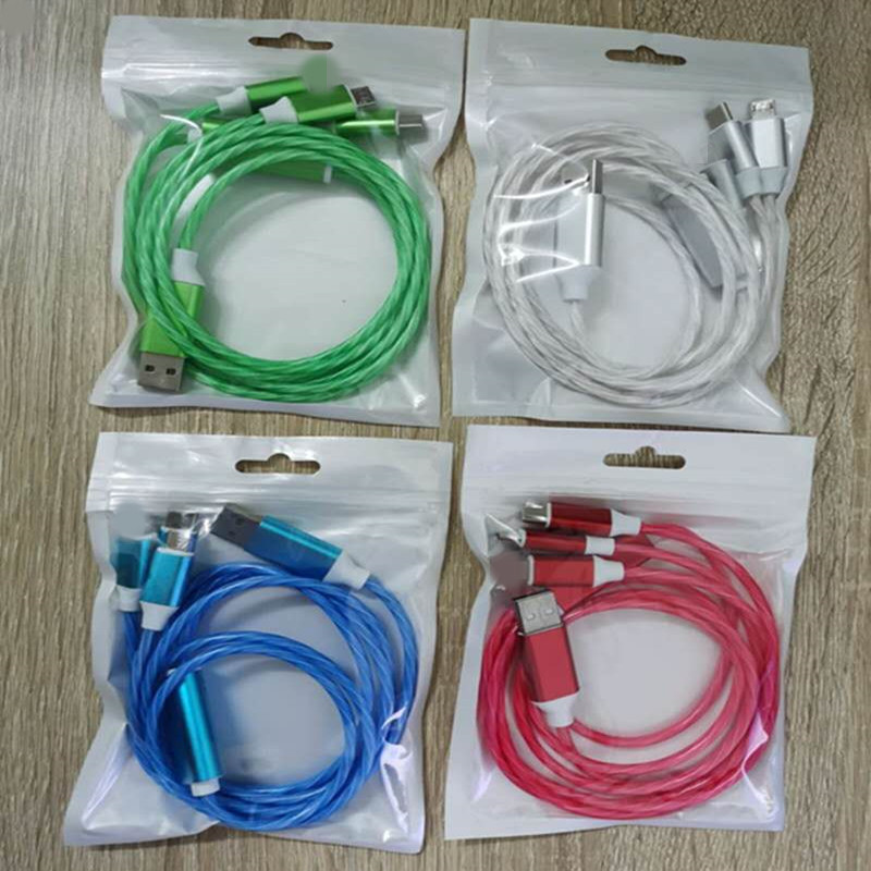 1.1m 3in1 LED flowing light charging light up 3 in 1 cable light up charging usb cable for iphone / type c /micro led cable