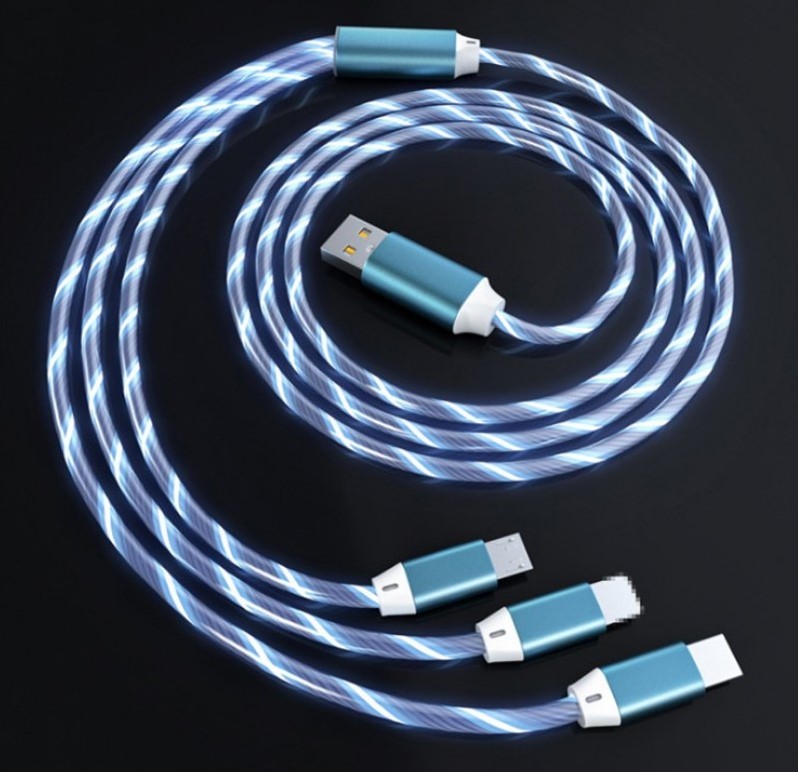 1.1m 3in1 LED flowing light charging light up 3 in 1 cable light up charging usb cable for iphone / type c /micro led cable