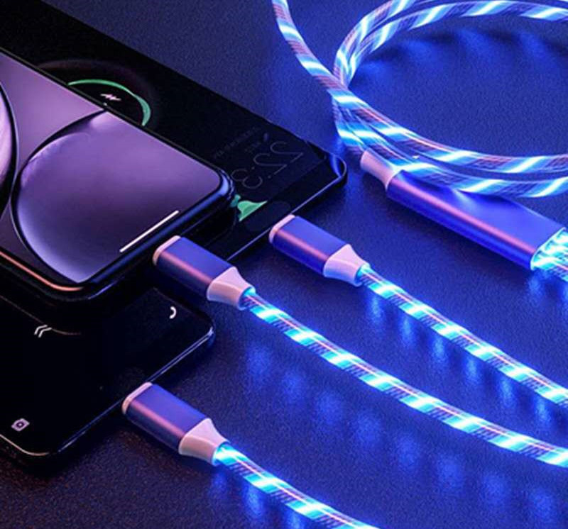 1.1m 3in1 LED flowing light charging light up 3 in 1 cable light up charging usb cable for iphone / type c /micro led cable