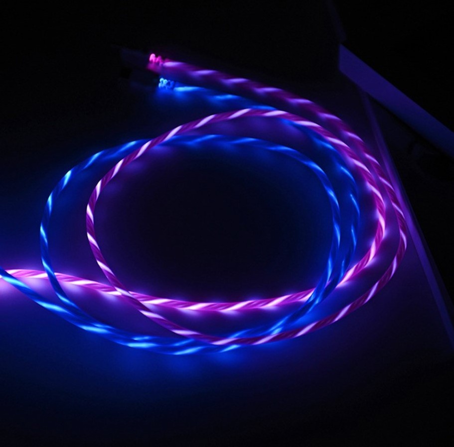 1m 3feet type-c type c USB-C flowing light led cable charger LED Flashlight usb phone power cable with flowing led light