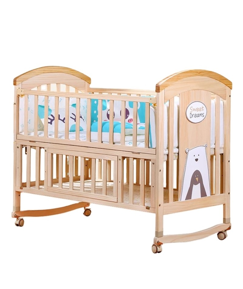 YQ JENMW Solid wood crib Best selling solid pine wooden baby bed design/baby swing cot/baby crib attached adult bed