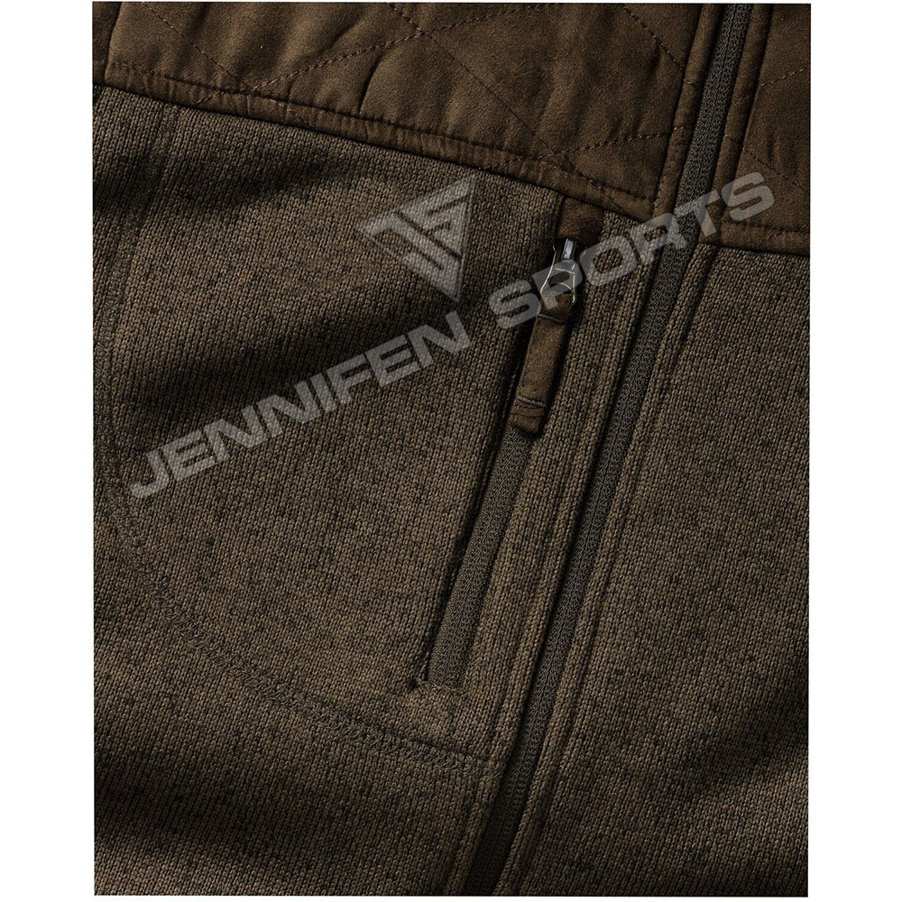 Custom Men Hunting Vest Material Polyester Fleece/Synthetic Leather Zipper Closing Sides&Chest Pockets Inside Neck Woven Label