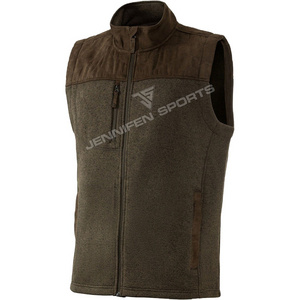 Custom Men Hunting Vest Material Polyester Fleece/Synthetic Leather Zipper Closing Sides&Chest Pockets Inside Neck Woven Label