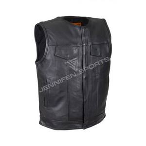 Black Leather  High Quality Motorcycle Biker Leather Vest  On Front Pockets Press Button Also Satin Lining  Inside Of The Vest