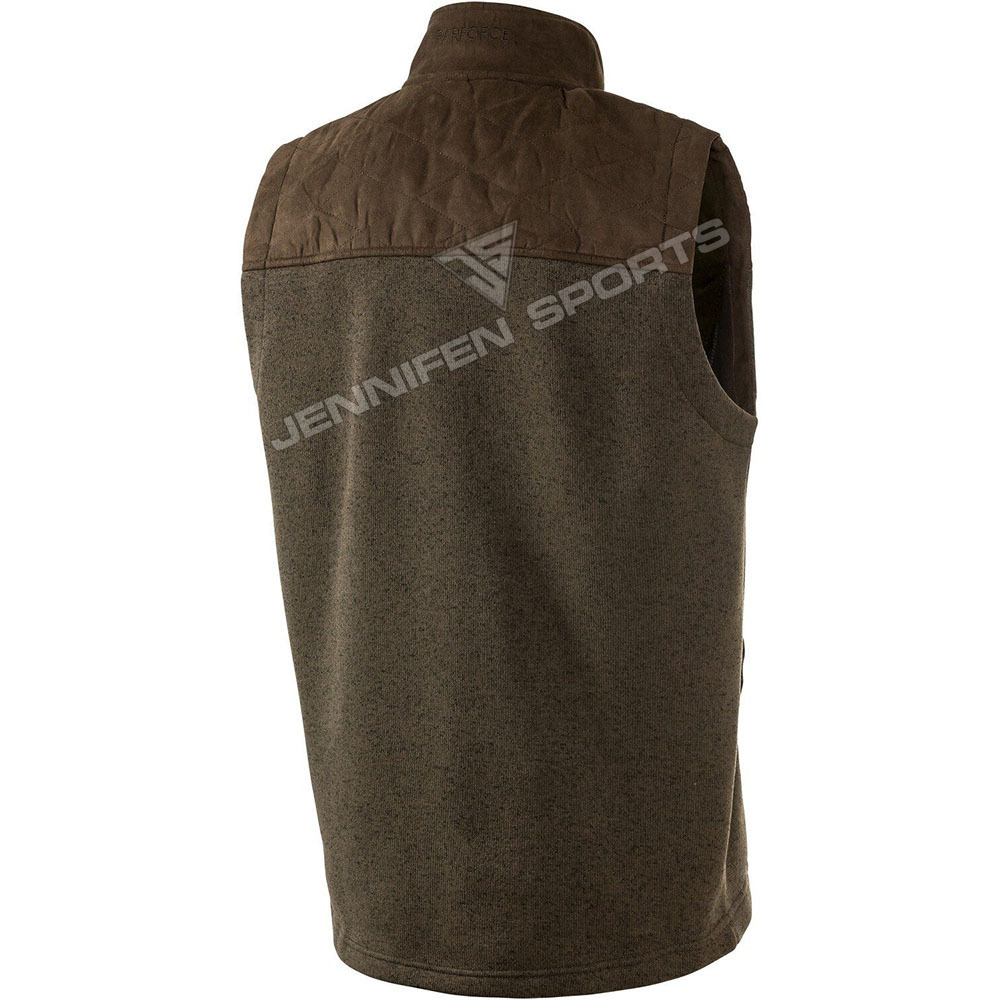 Custom Men Hunting Vest Material Polyester Fleece/Synthetic Leather Zipper Closing Sides&Chest Pockets Inside Neck Woven Label