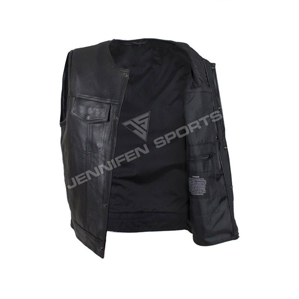 Black Leather  High Quality Motorcycle Biker Leather Vest  On Front Pockets Press Button Also Satin Lining  Inside Of The Vest