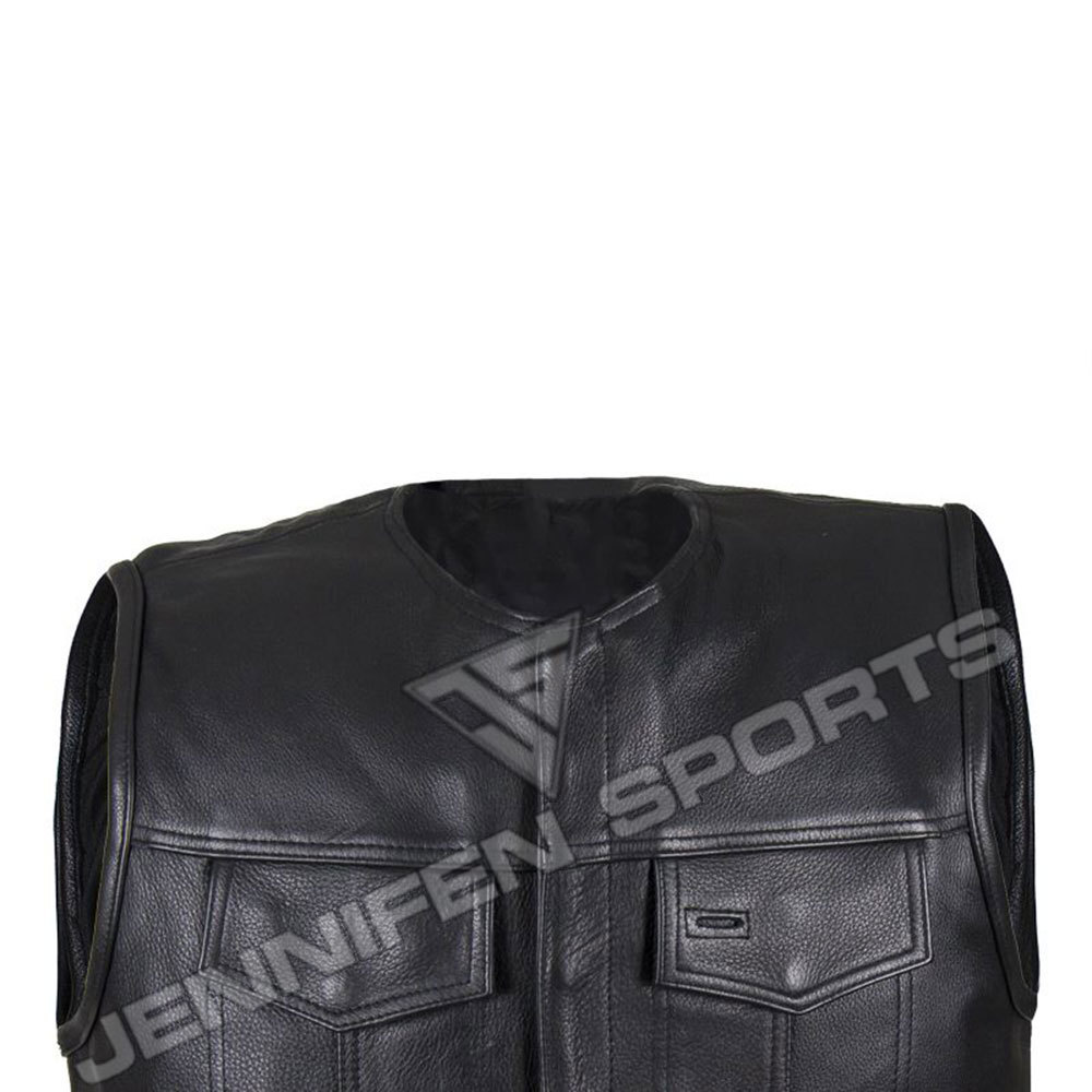 Black Leather  High Quality Motorcycle Biker Leather Vest  On Front Pockets Press Button Also Satin Lining  Inside Of The Vest