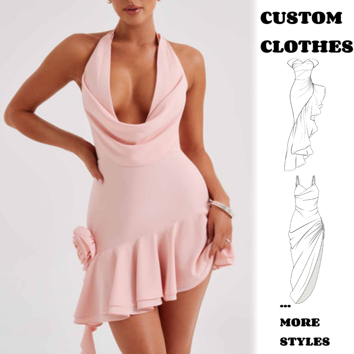 Women's Cowl Neck Halterneck Slip On Stretch Backless Mini Dress Sexy Deep VNeck Silky Party  Elegant Bodycon Dresses